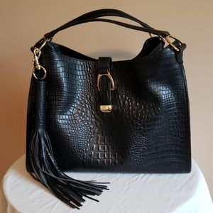 G.I.L.I. Crocodile Embossed Black Leather Hobo
